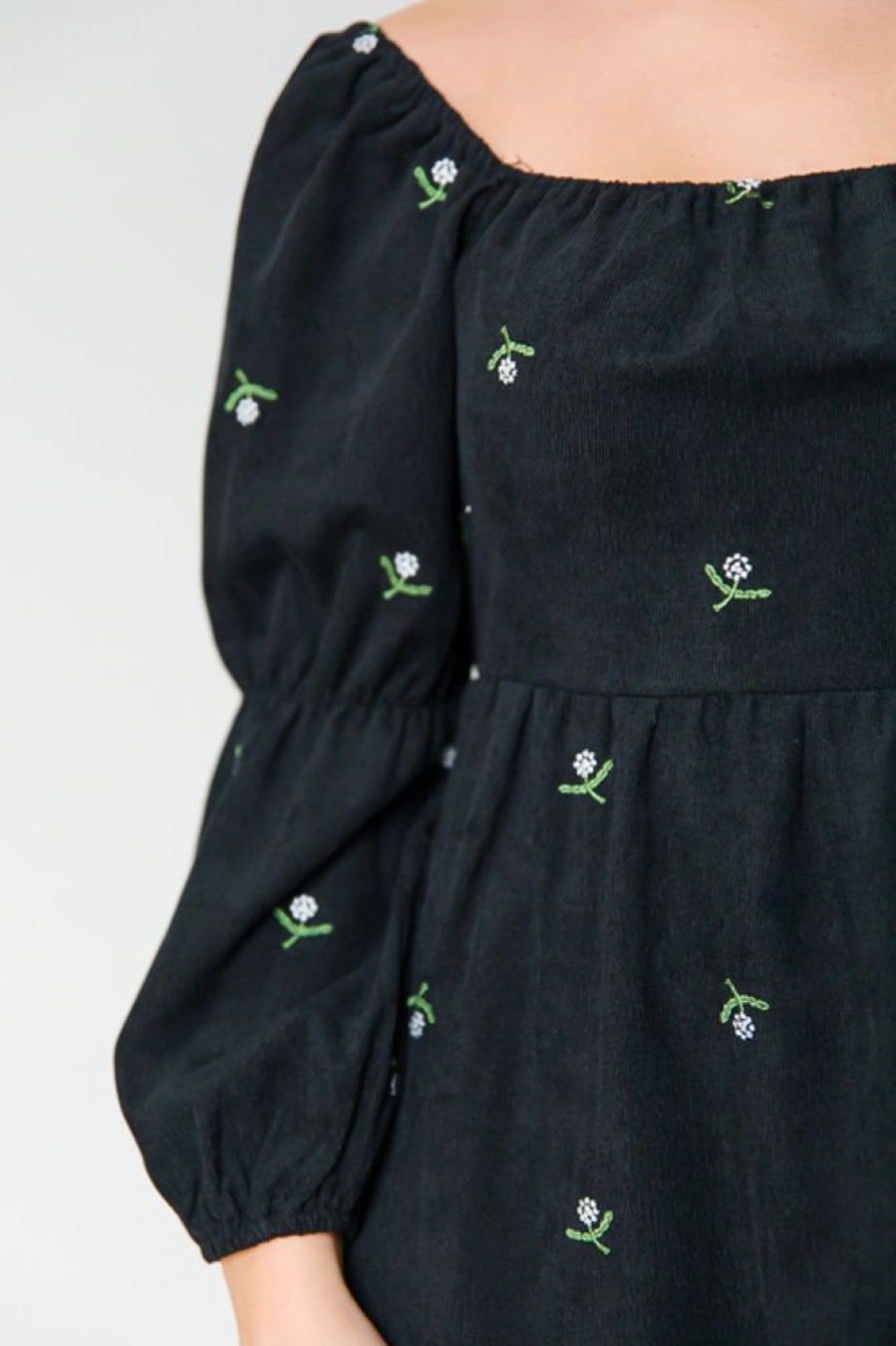 Davi & Dani Little Black Dress | Floral Embroidery Corded Dress