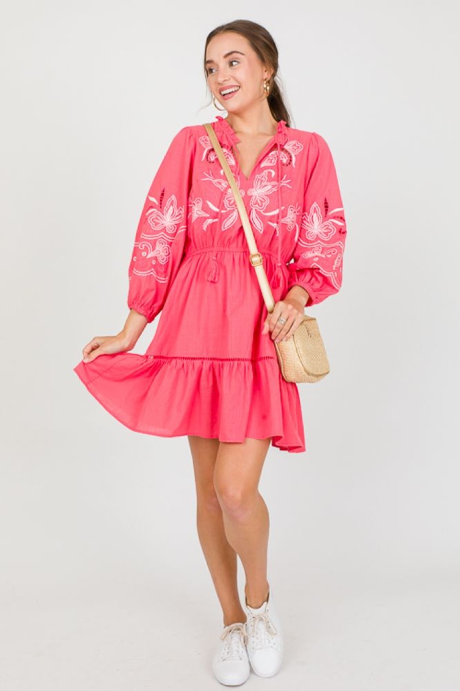 See and Be Seen Dresses W/ Sleeves | Embroidery Belted Dress, Coral