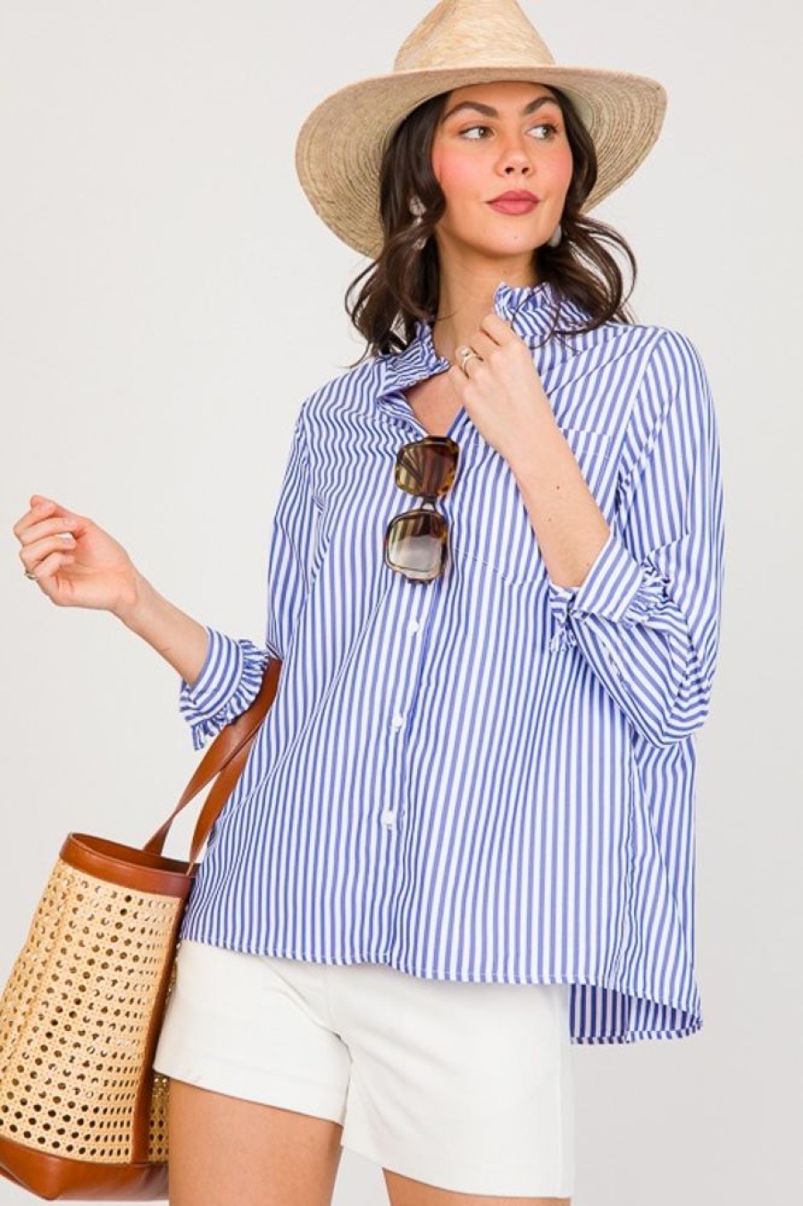 First Love 3/4 & Long Sleeve | Ruffle Trim Stripe Shirt, Blue