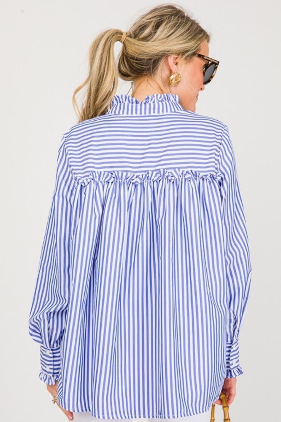 First Love 3/4 & Long Sleeve | Ruffle Trim Stripe Shirt, Blue