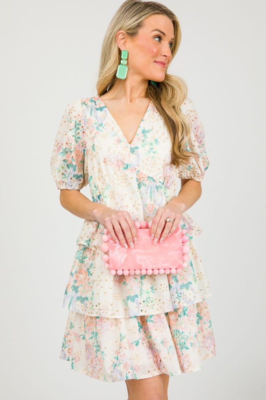 Entro White & Ivory | Eyelet Floral Ruffle Dress, Peach