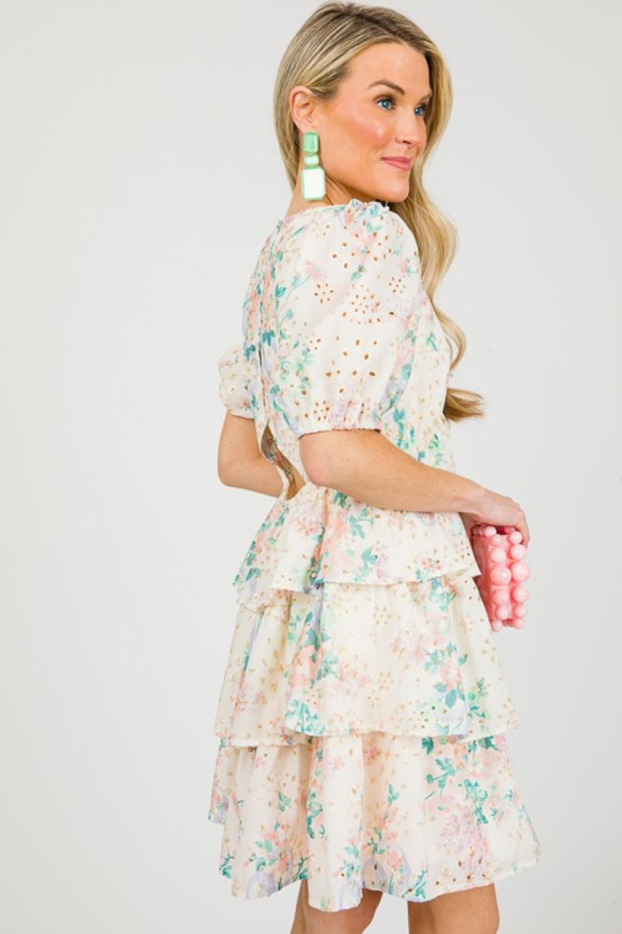 Entro White & Ivory | Eyelet Floral Ruffle Dress, Peach