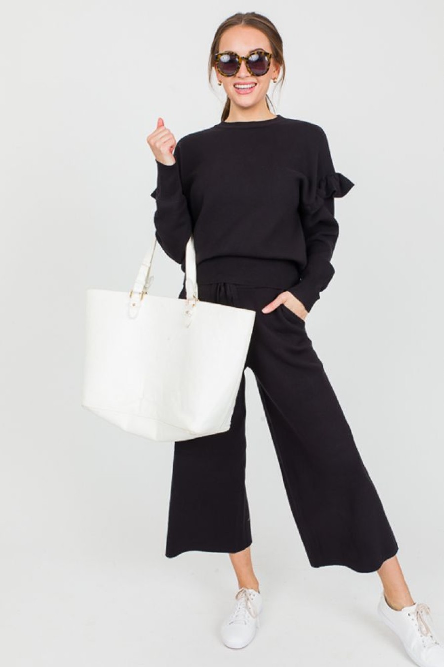 See and Be Seen 3/4 & Long Sleeve | Ruffle Shoulder Sweater, Black