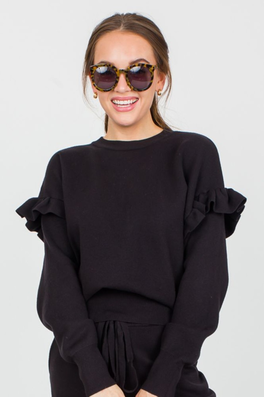 See and Be Seen 3/4 & Long Sleeve | Ruffle Shoulder Sweater, Black