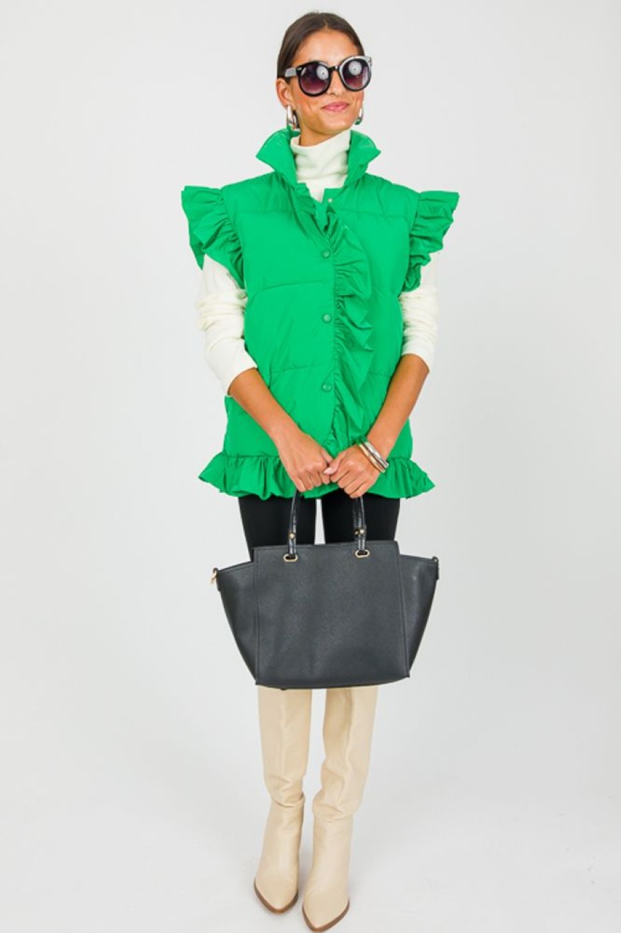 Veveret Jackets / Coats / Vests / Blazers | Ruffle Puffer Vest, Kelly Green