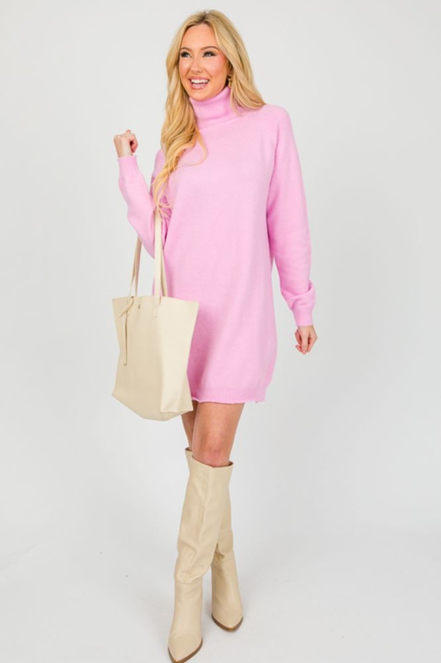 Idem Ditto Dresses W/ Sleeves | Ls Turtleneck Sweater Dress, Candy Pink