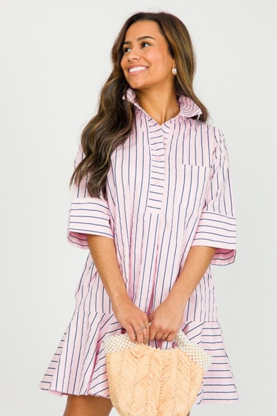 Entro Dresses W/ Sleeves | Ruffle Hem Stripe Dress, Lt. Pink