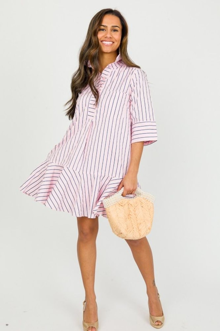 Entro Dresses W/ Sleeves | Ruffle Hem Stripe Dress, Lt. Pink