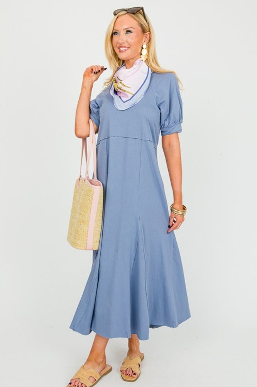 Umgee Maxi & Midi | Knit Cut Edge Midi, Denim Blue