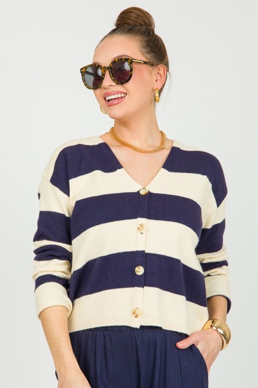 Hem & Thread 3/4 & Long Sleeve | Nora Stripe Cardigan, Navy