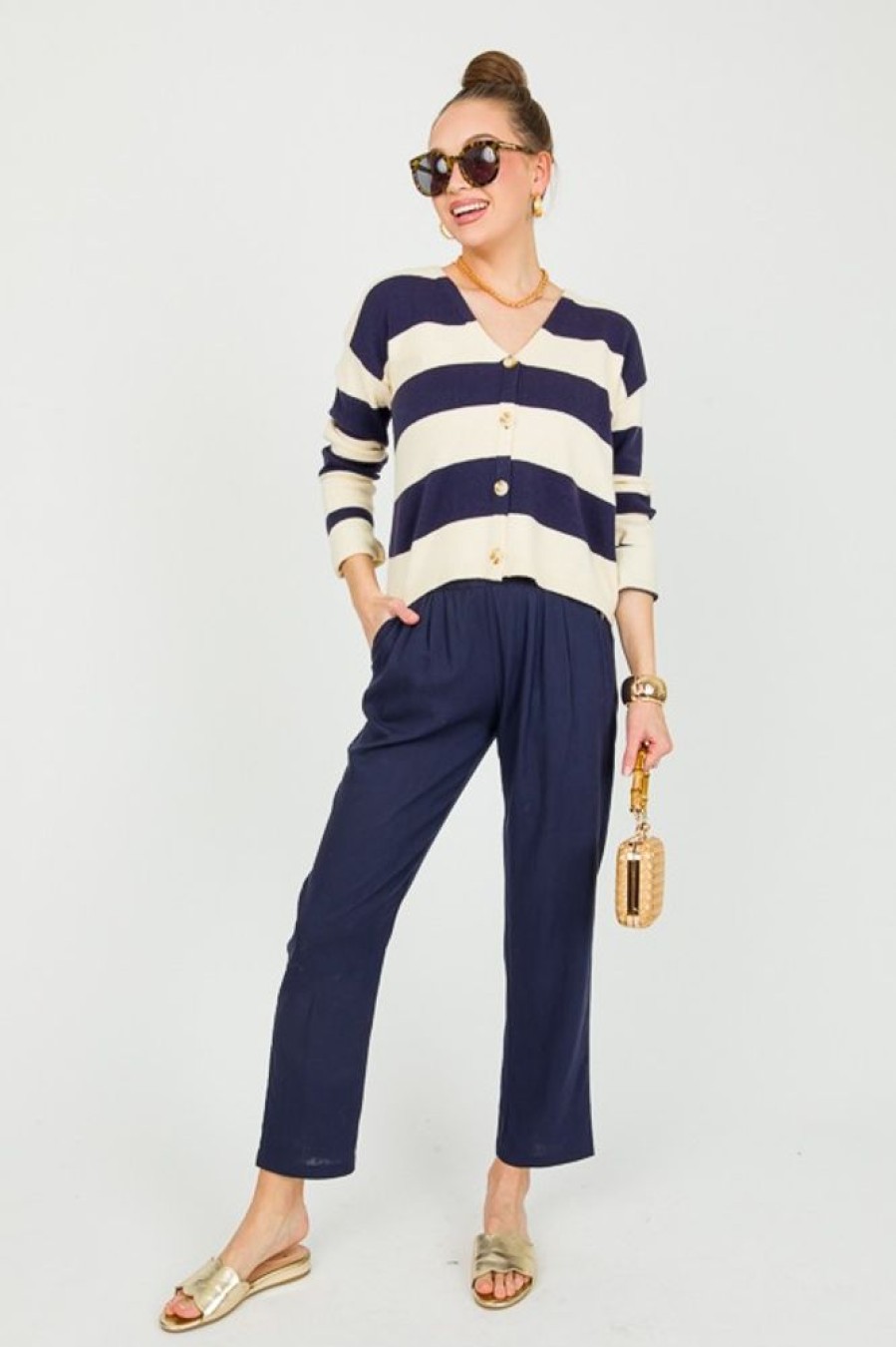 Hem & Thread 3/4 & Long Sleeve | Nora Stripe Cardigan, Navy