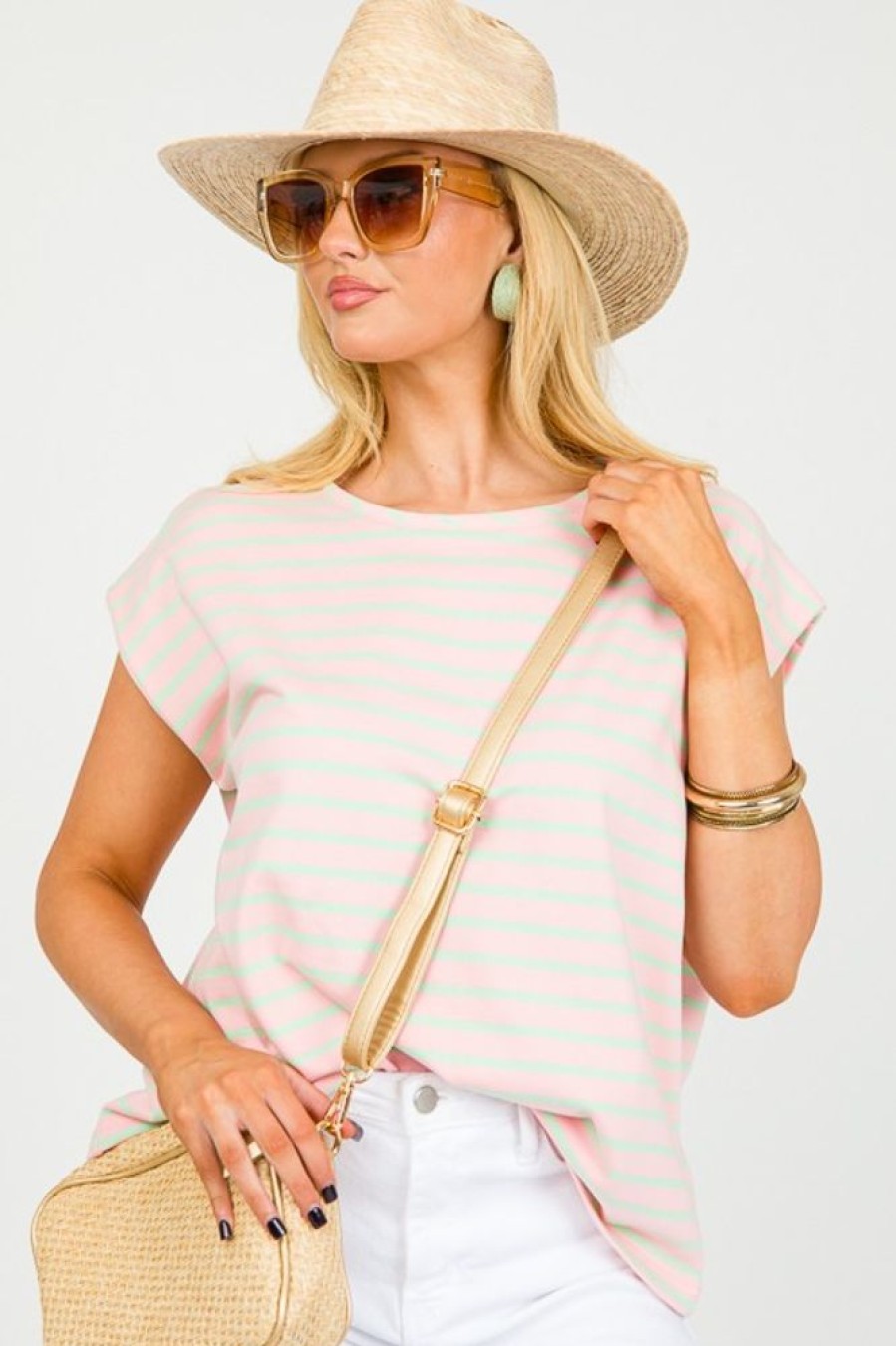 Lime N Chili Short Sleeve & Sleeveless | Stripe Muscle Top, Pink