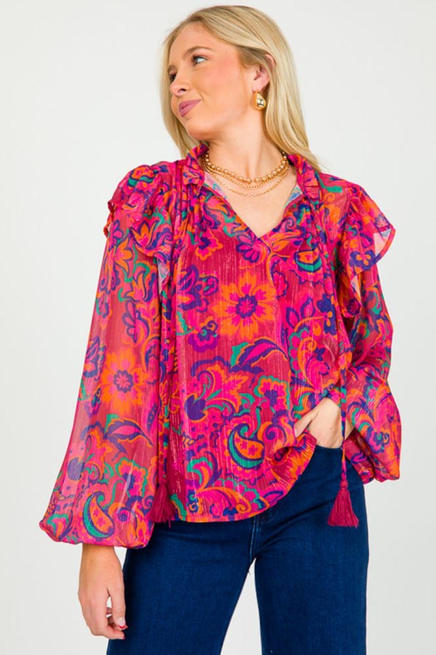 Flying Tomato 3/4 & Long Sleeve | Lurex Printed Blouse, Burgundy