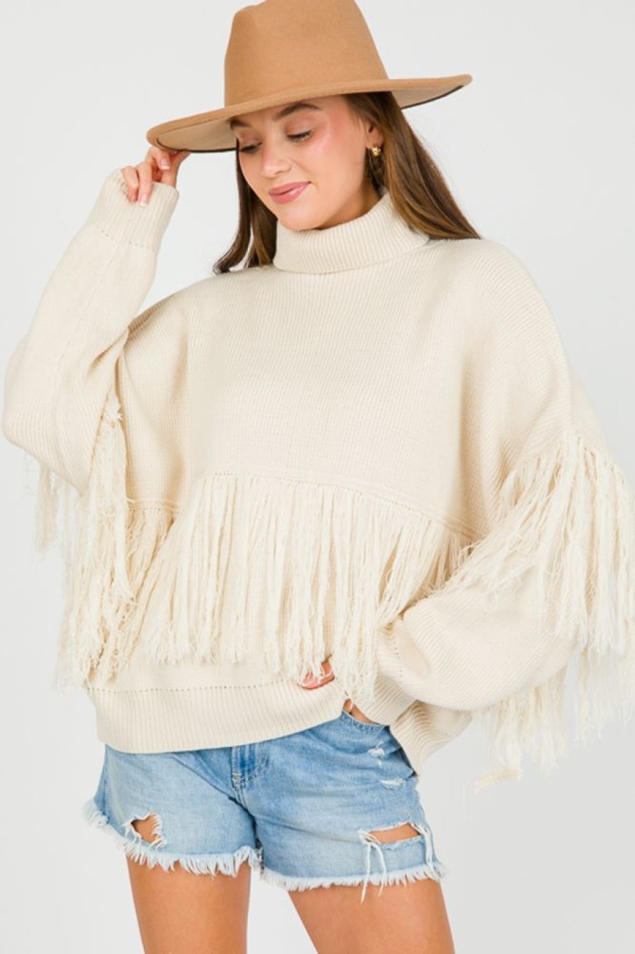 Pretty Follies 3/4 & Long Sleeve | Tassel Fringe Sweater, Cream