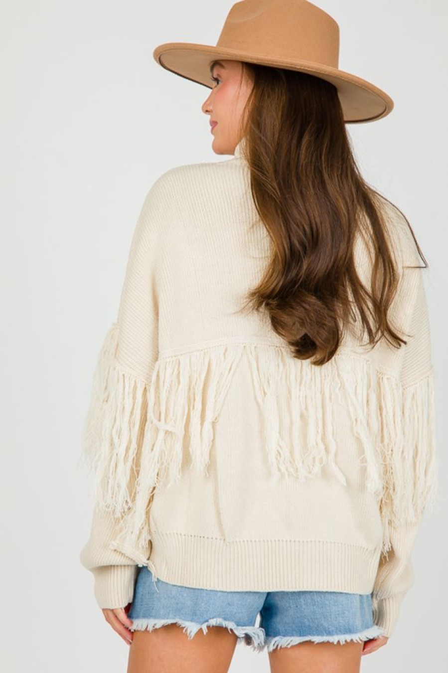 Pretty Follies 3/4 & Long Sleeve | Tassel Fringe Sweater, Cream