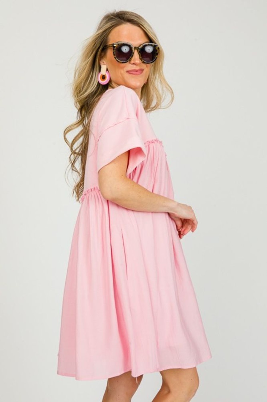 Entro Dresses W/ Sleeves | Ruffle Contrast Terry Dress, Baby Pink