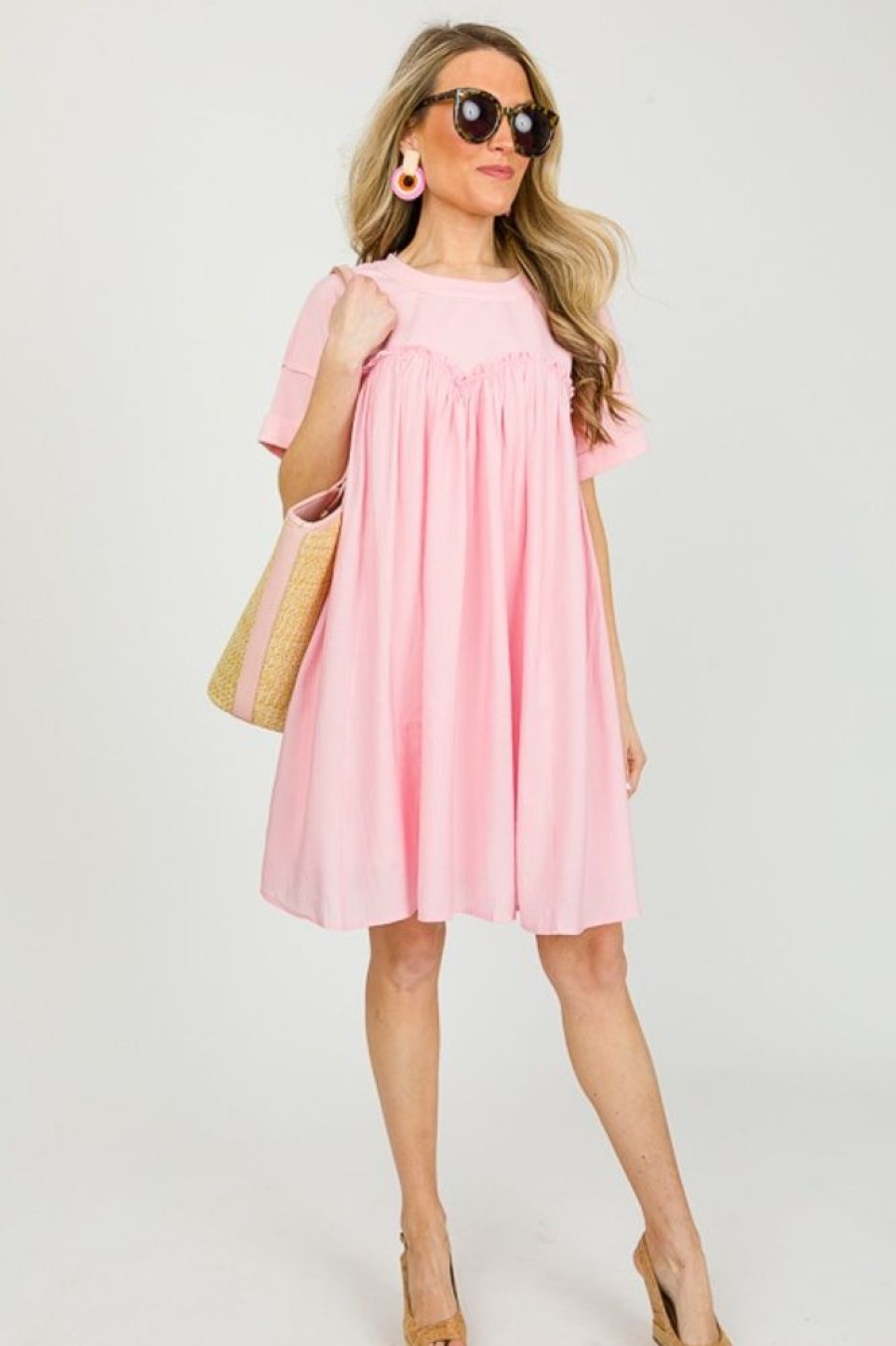 Entro Dresses W/ Sleeves | Ruffle Contrast Terry Dress, Baby Pink