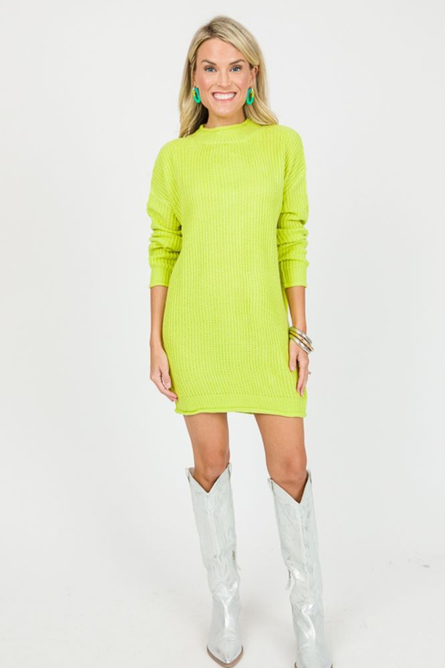 Davi & Dani Dresses W/ Sleeves | Ellie Long Sweater, Apple Green