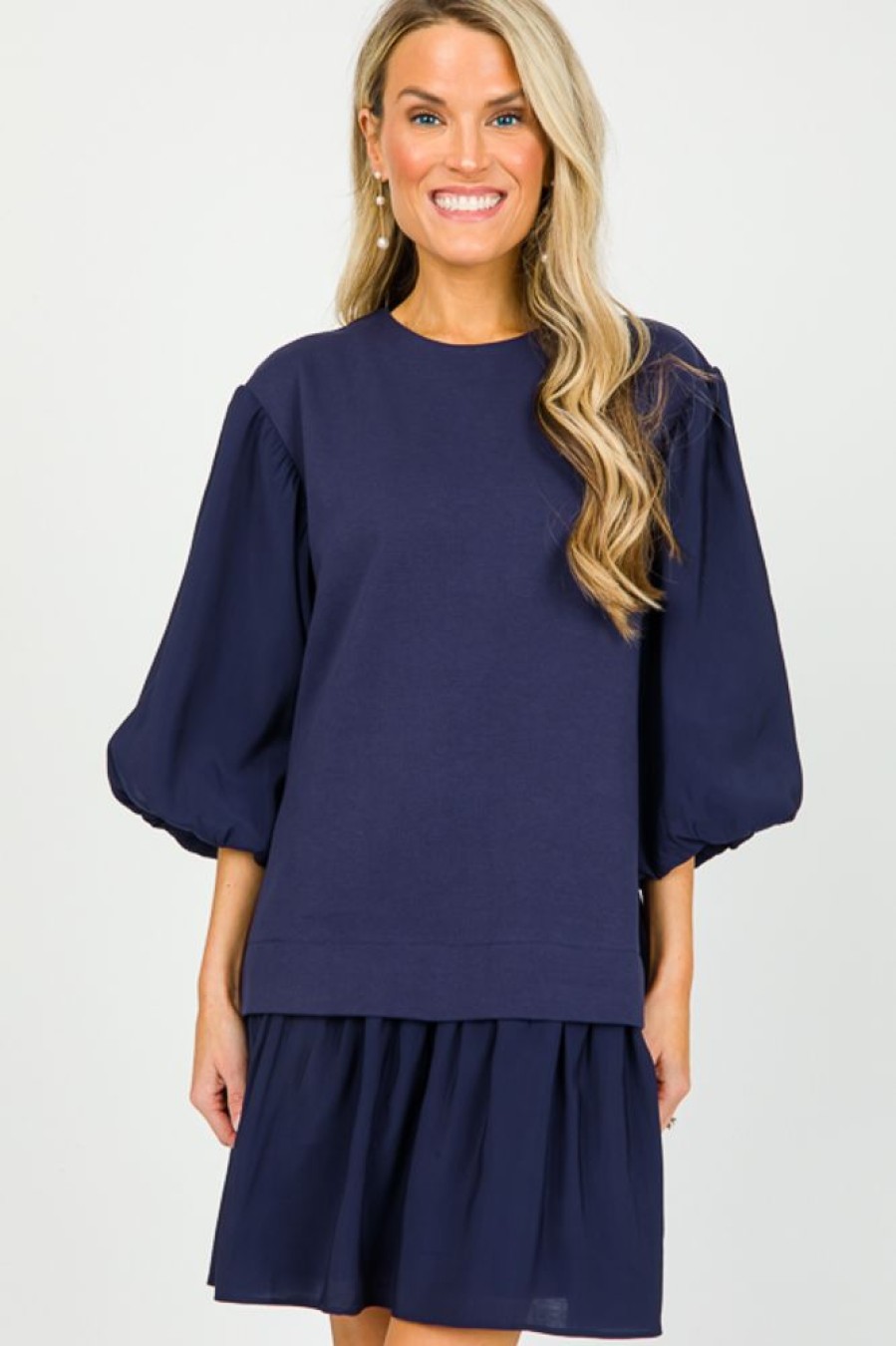 2.7 August Apparel Dresses W/ Sleeves | Mixing Media Dress, Navy