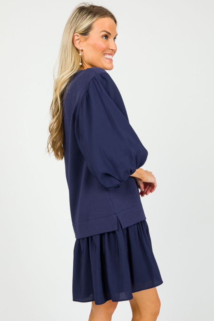 2.7 August Apparel Dresses W/ Sleeves | Mixing Media Dress, Navy