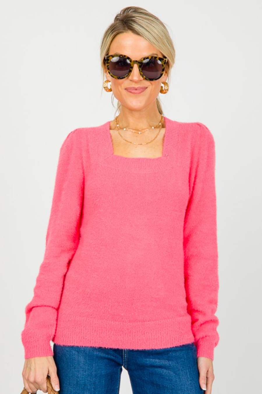 Staccato 3/4 & Long Sleeve | Fuzzy Square Neck Sweater, Hot Pink