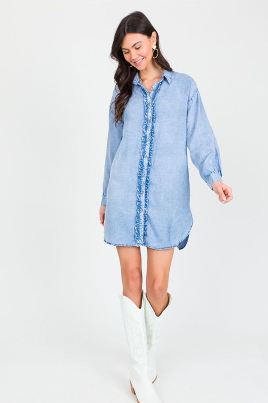 Doe and Rae Dresses W/ Sleeves | Frilled Chambray Shirt Dress