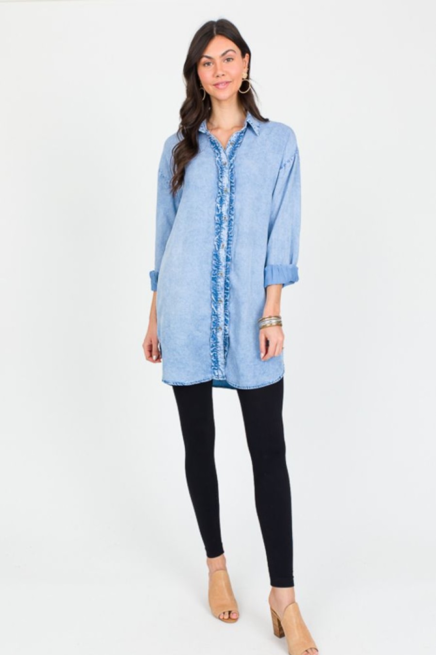 Doe and Rae Dresses W/ Sleeves | Frilled Chambray Shirt Dress