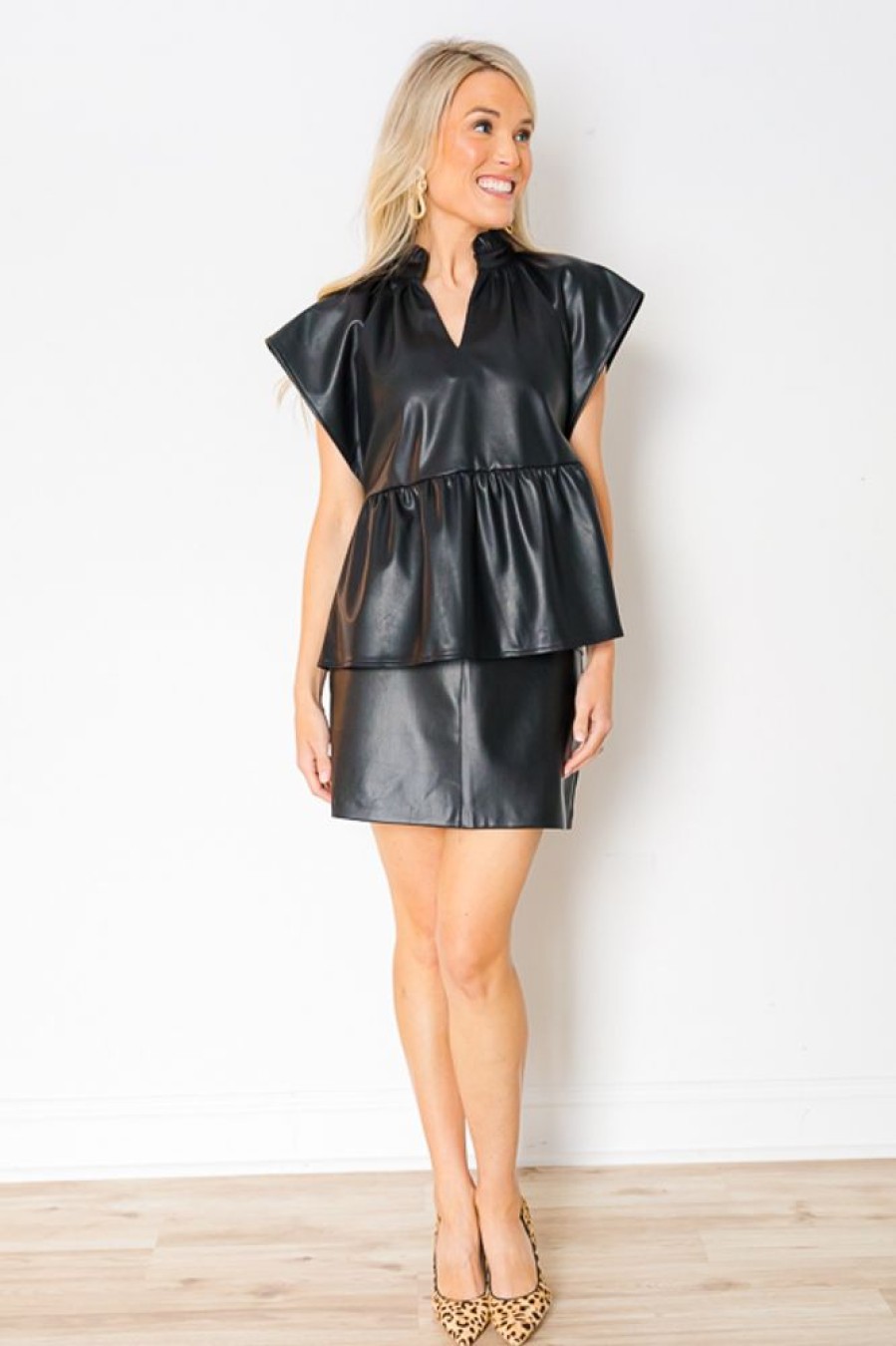 Thml Short Sleeve & Sleeveless | Peplum Leather Top, Black