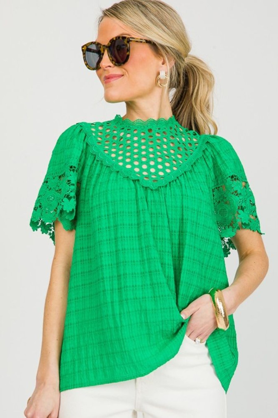 Current Air Short Sleeve & Sleeveless | Lace Contrast Check Top, Green