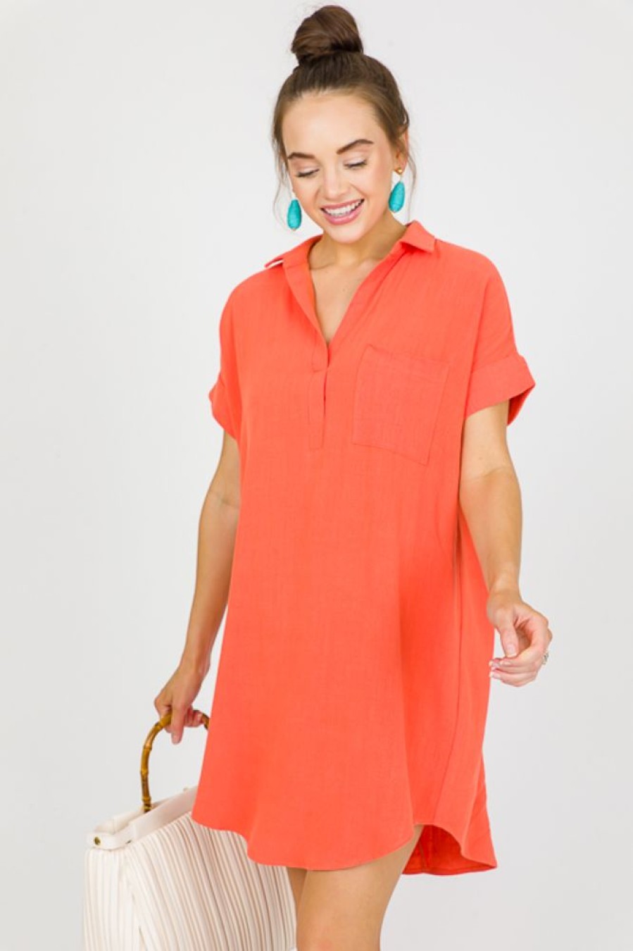 She + Sky Dresses W/ Sleeves | Agnes Linen Dress, Orange Coral