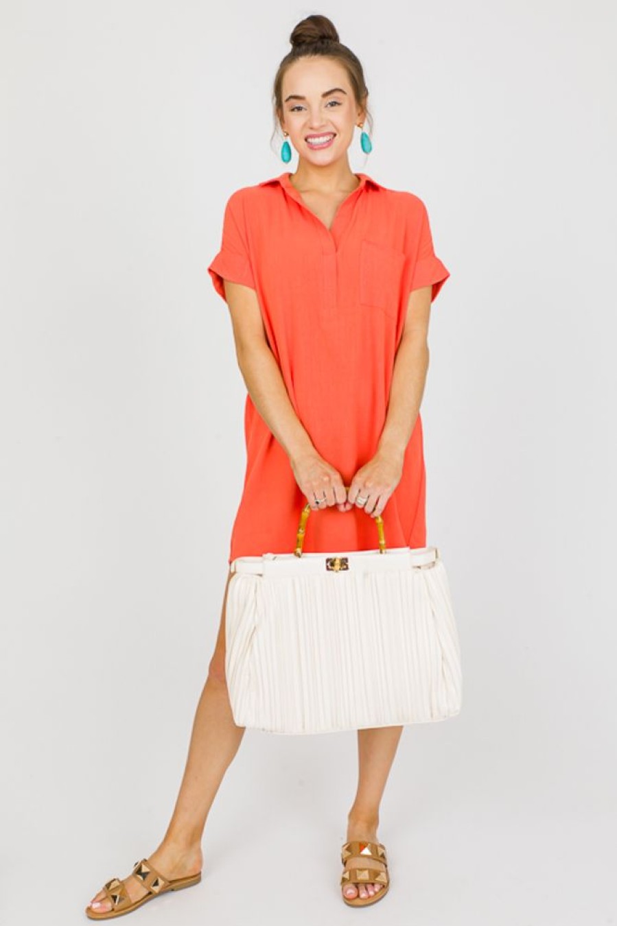 She + Sky Dresses W/ Sleeves | Agnes Linen Dress, Orange Coral