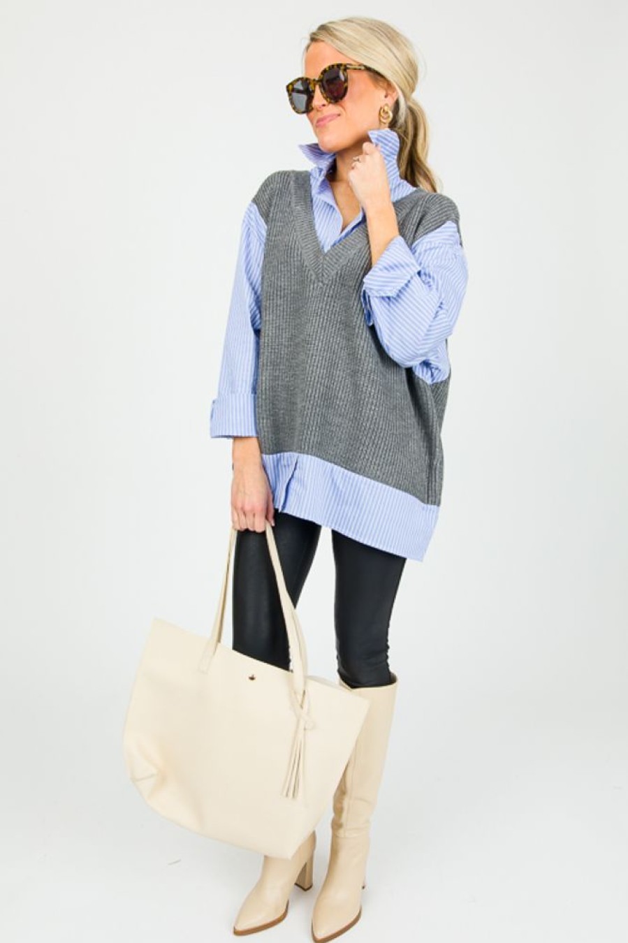 Sundayup 3/4 & Long Sleeve | Layered Stripe Shirt Sweater, Grey