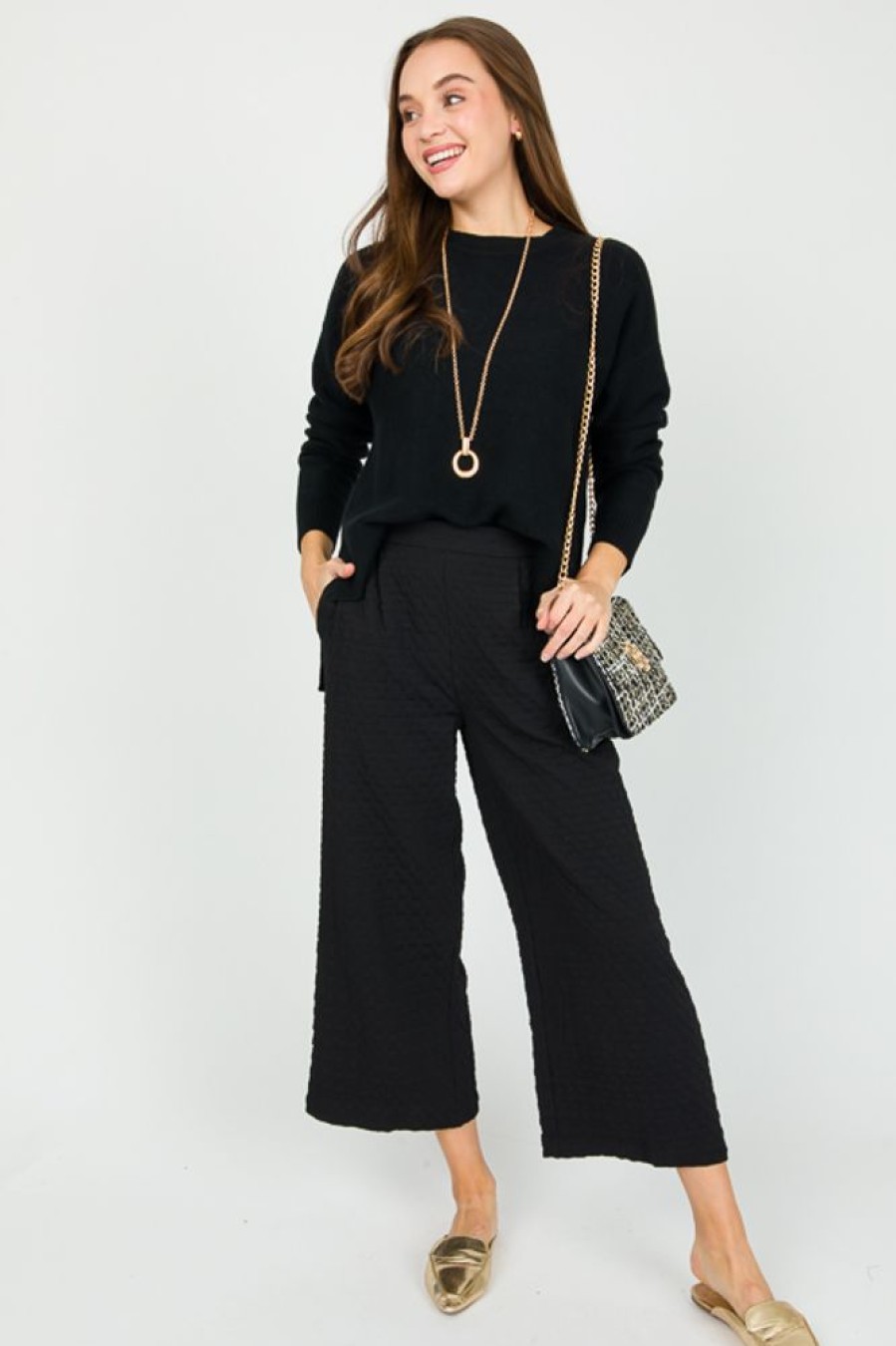 Umgee Pants & Leggings | Textured Crop Pants, Black