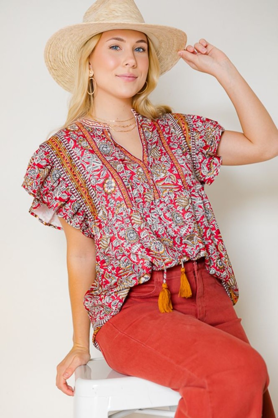 See and Be Seen Short Sleeve & Sleeveless | Border Print Floral Top, Red