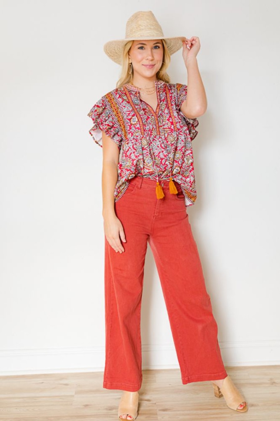 See and Be Seen Short Sleeve & Sleeveless | Border Print Floral Top, Red