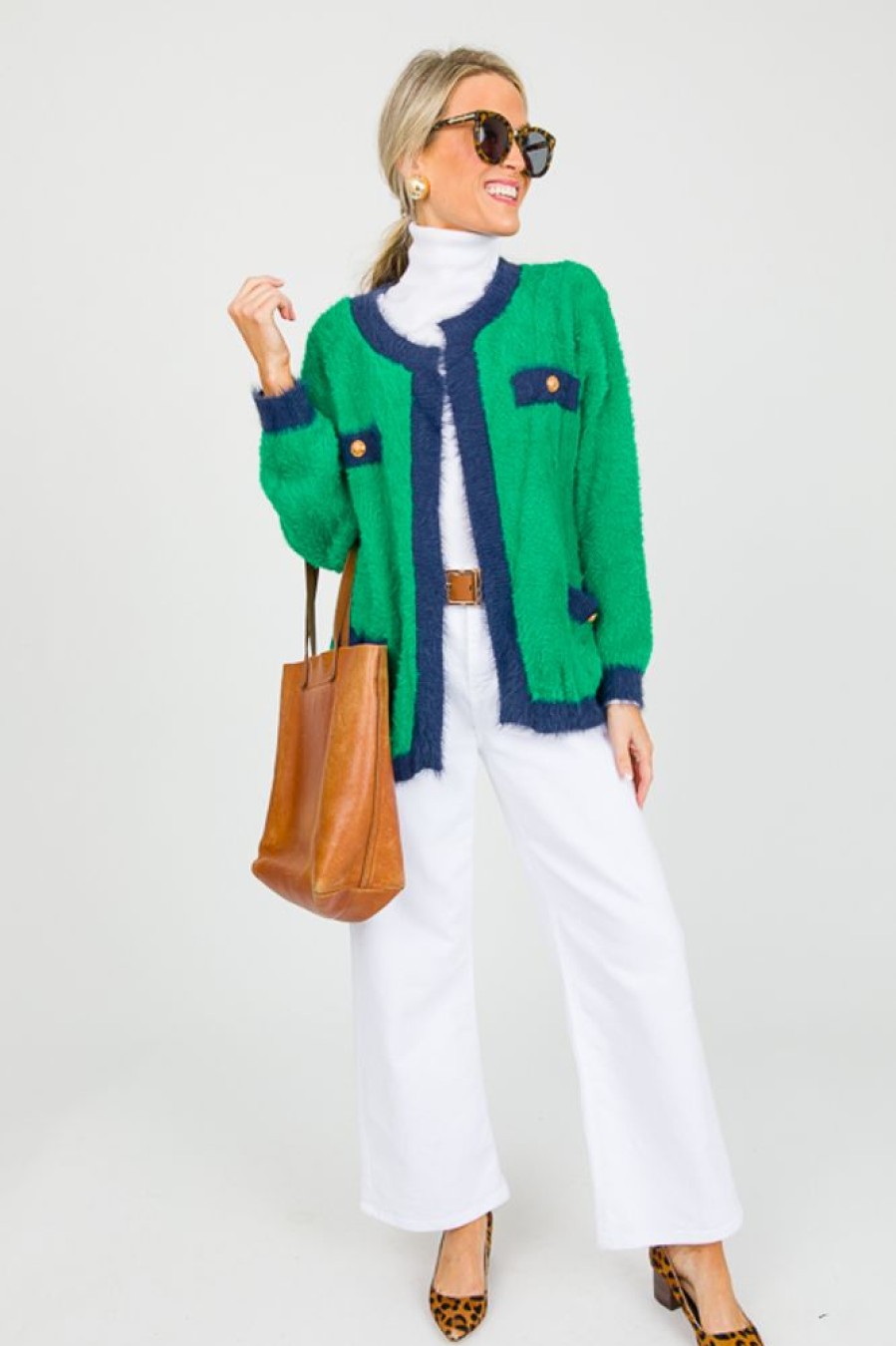 Jodifl 3/4 & Long Sleeve | Eyelash Colorblock Cardi, Kelly Green