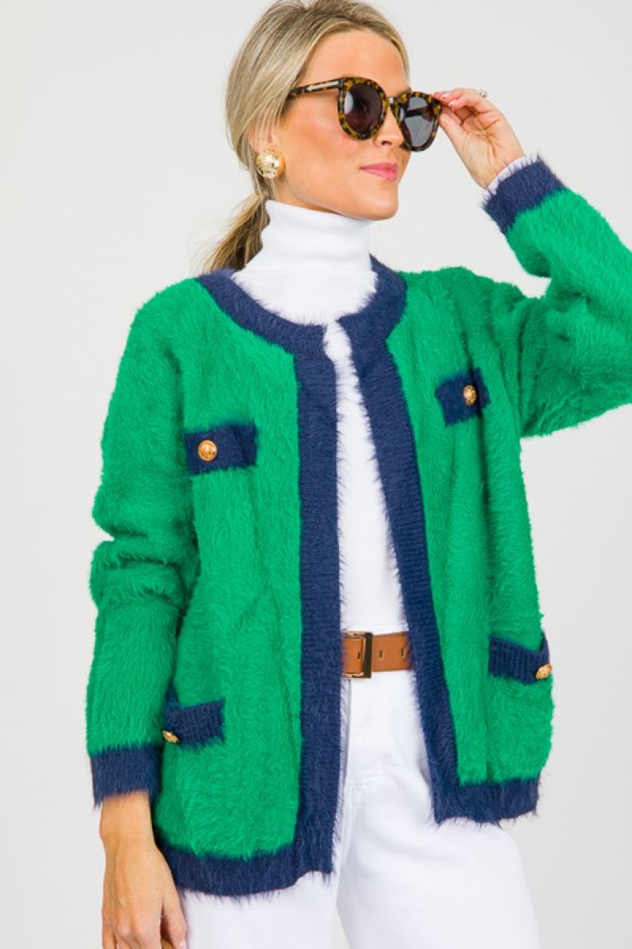 Jodifl 3/4 & Long Sleeve | Eyelash Colorblock Cardi, Kelly Green