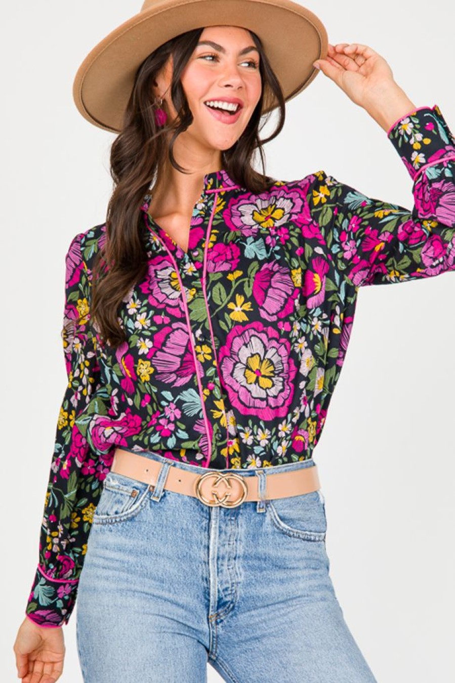 Fate by lfd 3/4 & Long Sleeve | Pipe Trim Floral Top, Black Multi