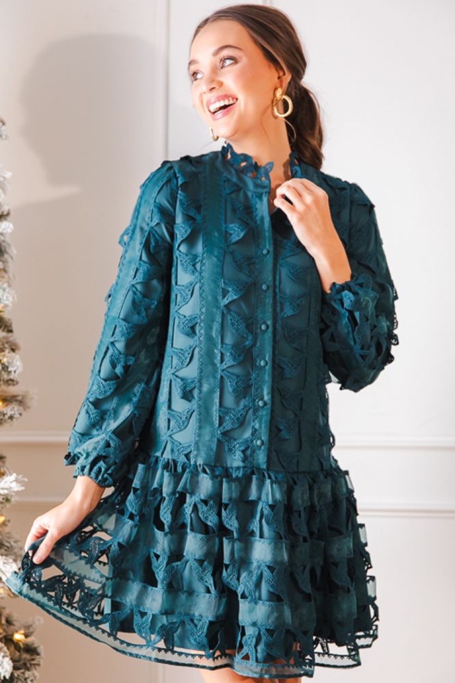 Ciebon Dresses W/ Sleeves | Teal Crochet Button Dress