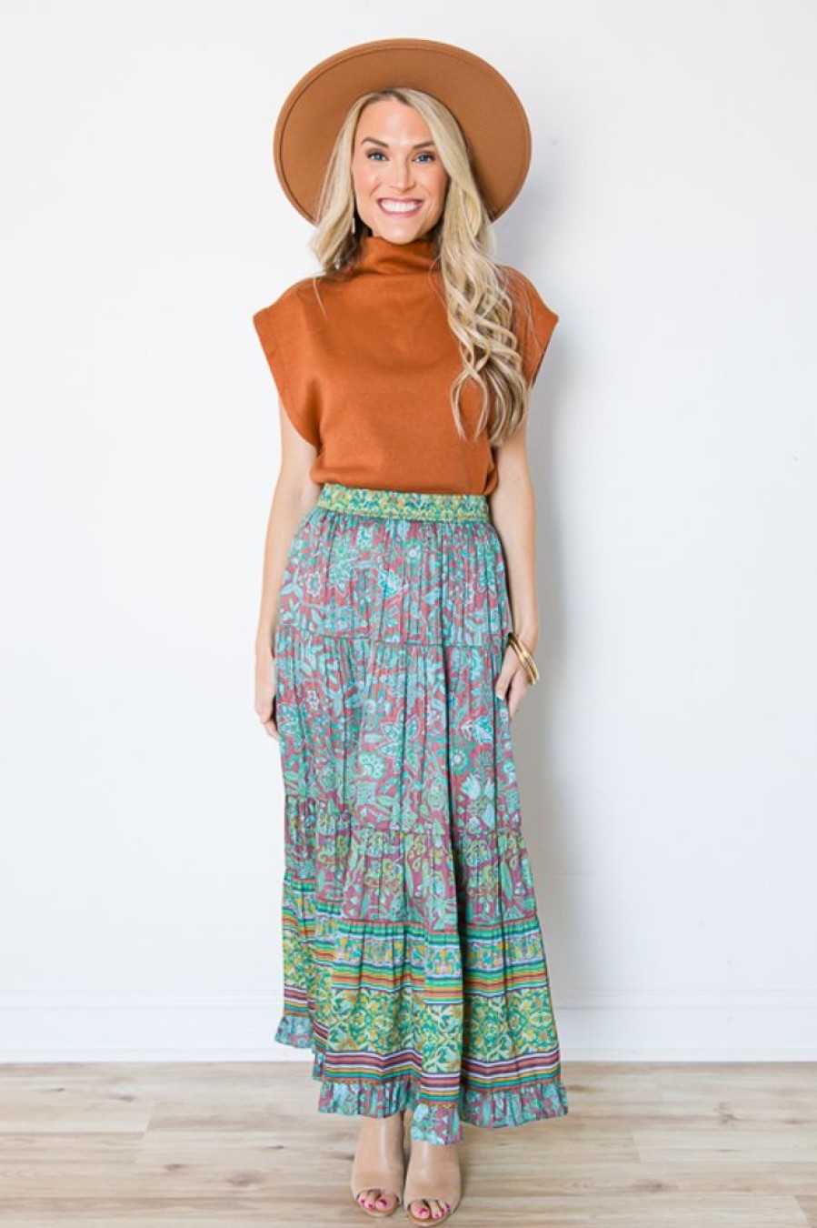 Current Air Skirts | Floral Borders Maxi Skirt, Teal