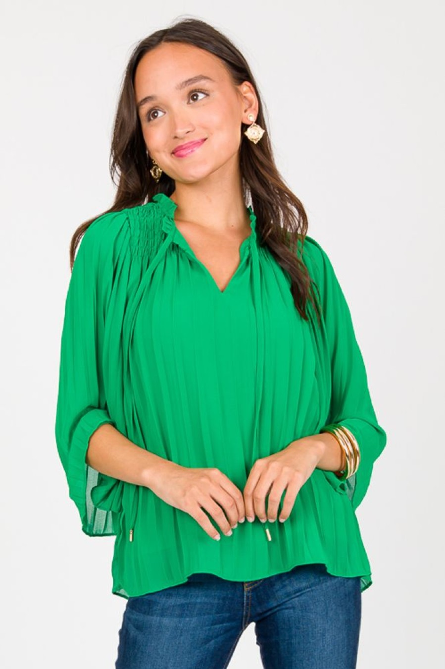 Skies Are Blue 3/4 & Long Sleeve | Pleated Smock Detail Blouse, Green