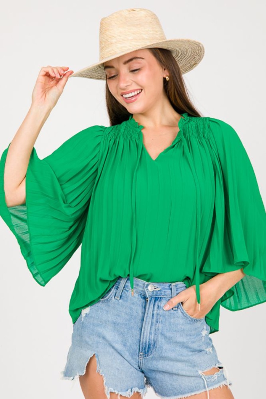 Skies Are Blue 3/4 & Long Sleeve | Pleated Smock Detail Blouse, Green