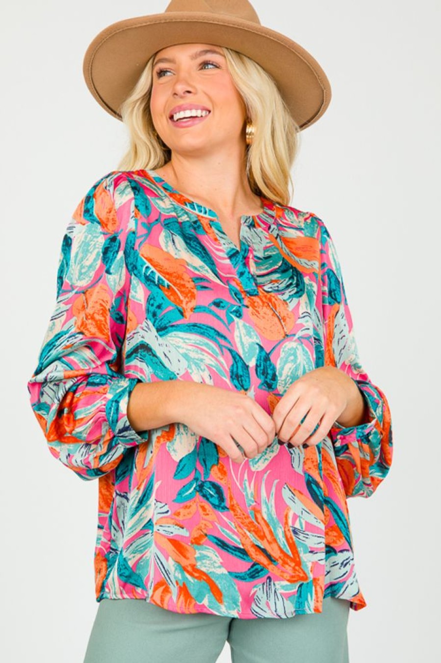 Cotton Bleu 3/4 & Long Sleeve | Vivid Floral Blouse, Pink Combo