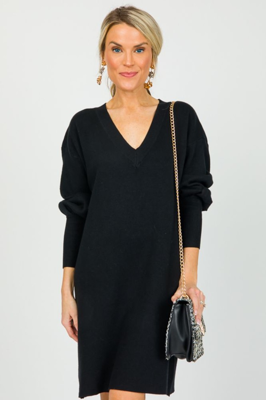 Pinch Little Black Dress | V-Neck Sweater Dress, Black