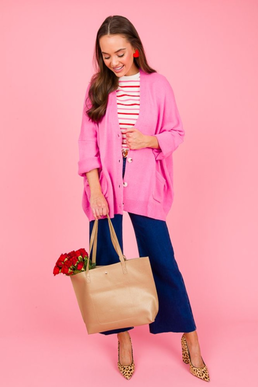 She + Sky 3/4 & Long Sleeve | Lauren Button Cardi, Pink