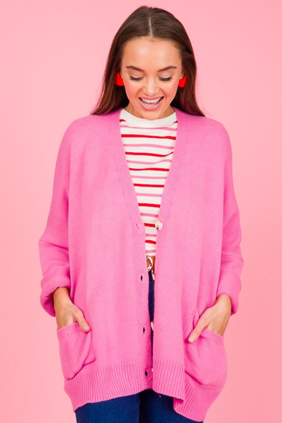 She + Sky 3/4 & Long Sleeve | Lauren Button Cardi, Pink