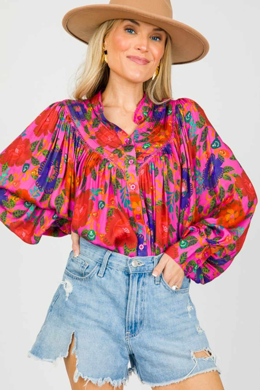 Olivaceous 3/4 & Long Sleeve | Bold Floral Button Top, Fuchsia