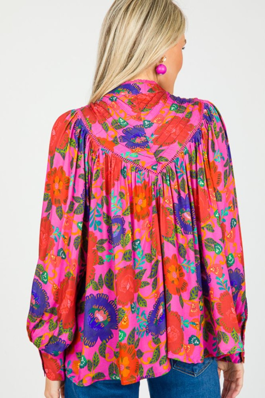 Olivaceous 3/4 & Long Sleeve | Bold Floral Button Top, Fuchsia