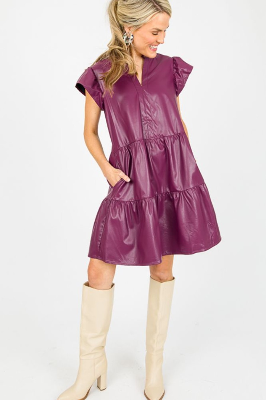 Pinch Dresses W/ Sleeves | Lennon Leather Dress, Eggplant