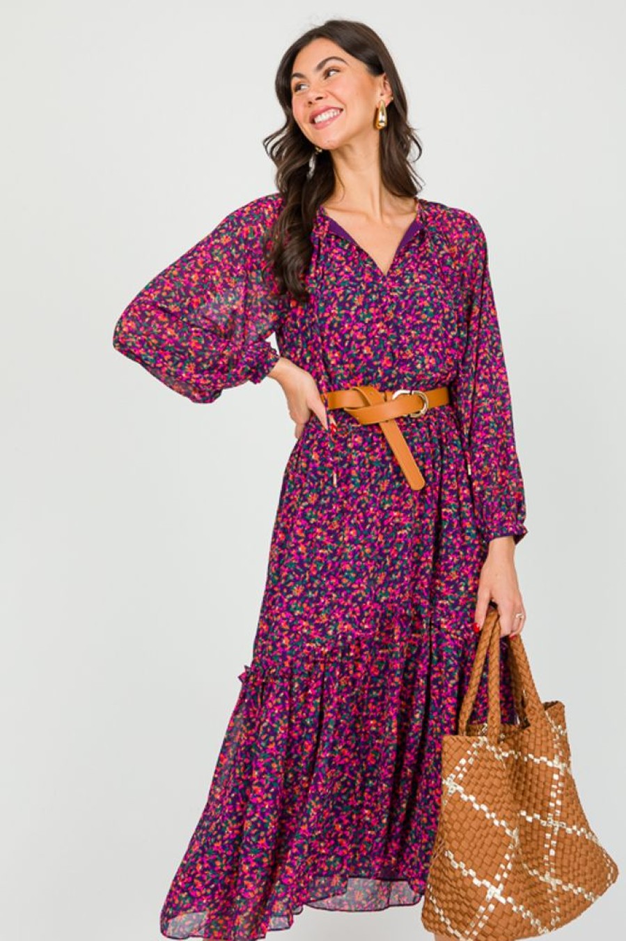 Skies Are Blue Maxi & Midi | Floral Chiffon Midi, Navy Magenta